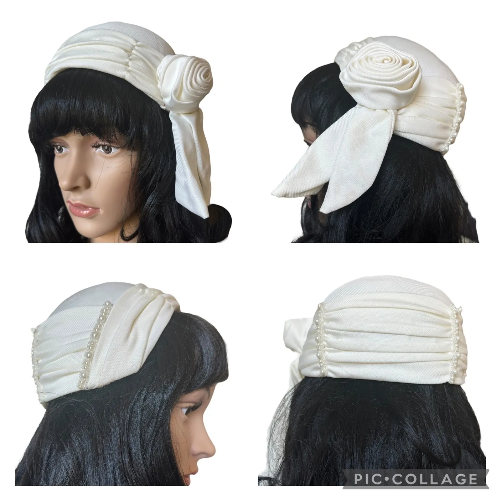 Vintage Ivory Wrap Gown w/ Rosette Detail ILGWU USA and hat wedding Dress XS - Image 12