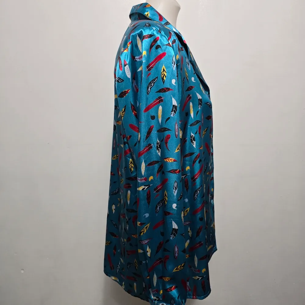 Vintage Da Rue 80s Teal Feather Print Satin Button Down Blouse - Image 5