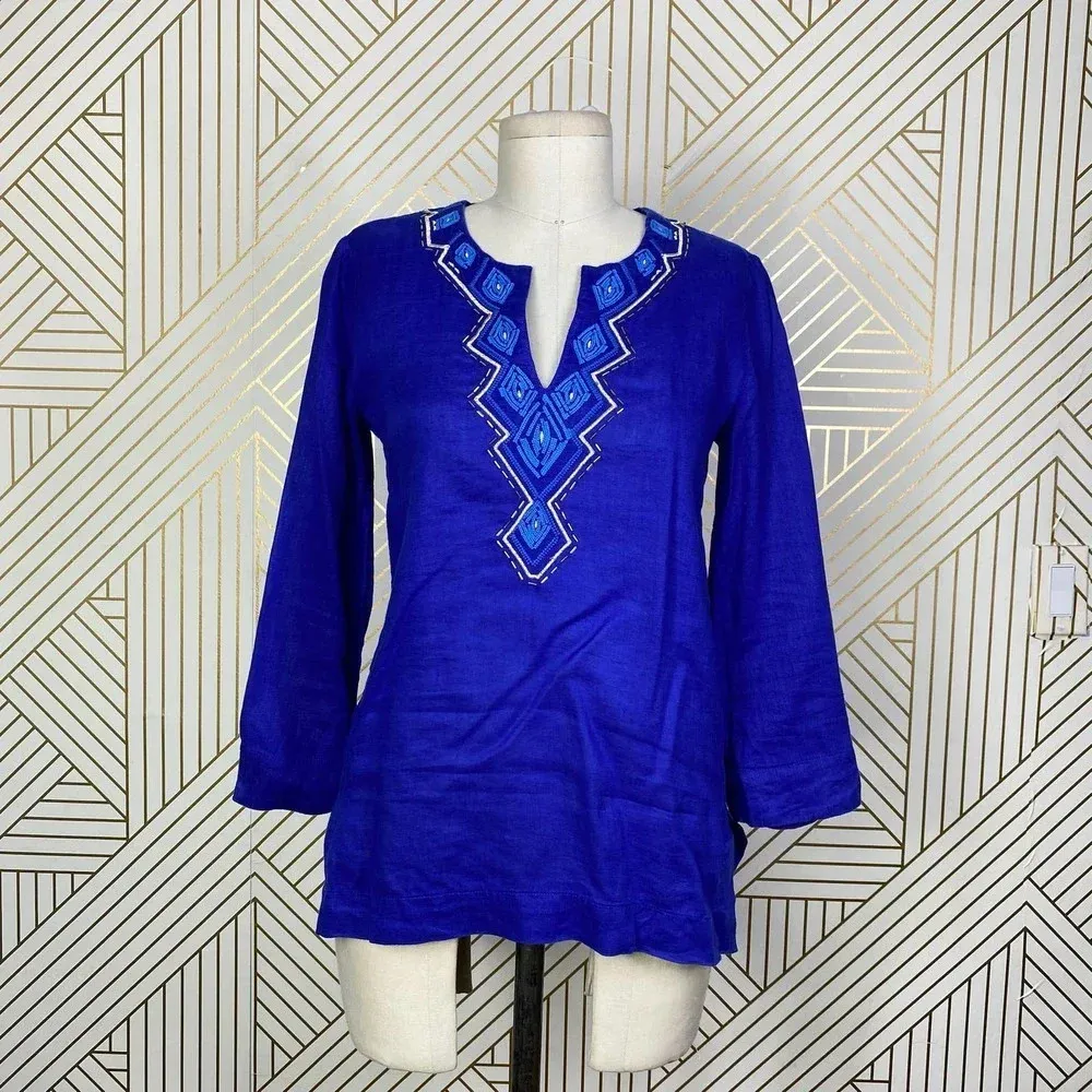 Lilly Pulitzer Amelia Island Tunic‎ Twilight Blue Beaded Embroidered Size US XXS - Image 3