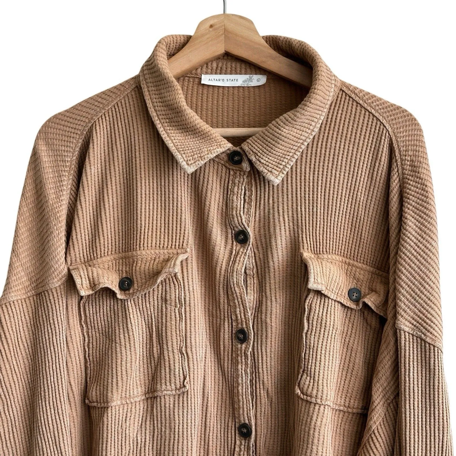 Altar’d State Shacket Waffle Knit Button Front Long Sleeve Relaxed Oversized L - Image 3