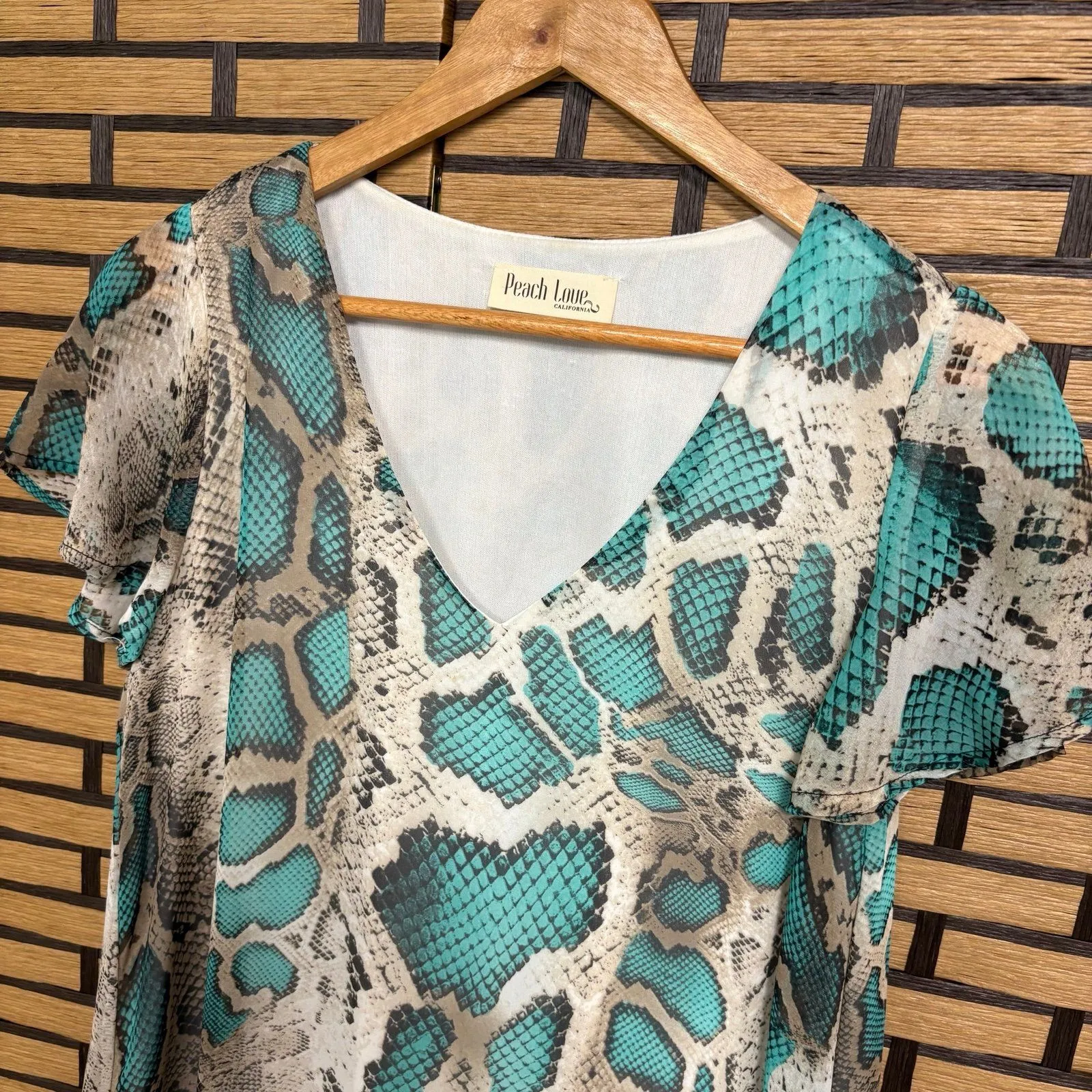 Peach Love California‎ Turquoise Snakeskin Print Dress Size Small - Image 3