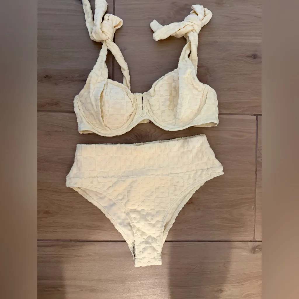 NEW Bikini Sets Flower Embossed Swimsuit Bikini Set Bow Strap Swimsuit S Yellow - Image 5