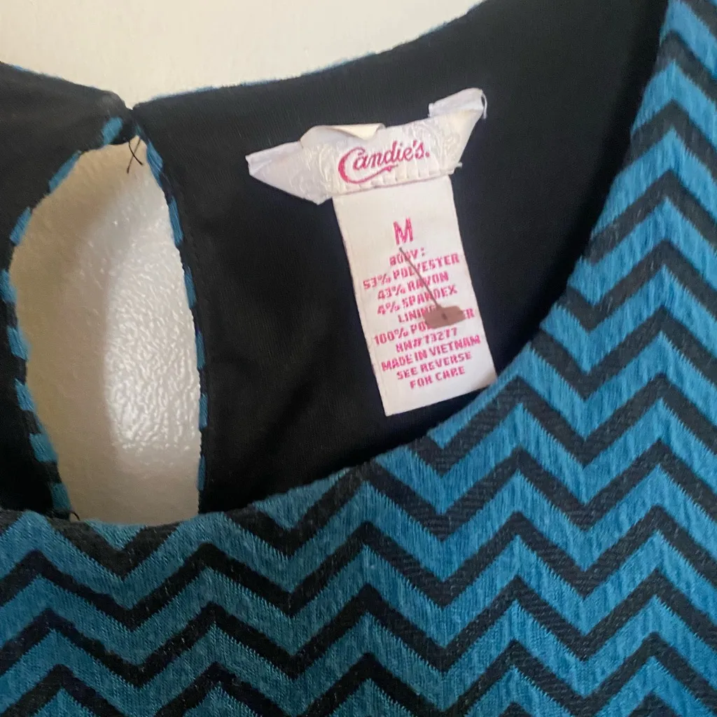 Candie’s Vintage Womens Juniors Mini Tank Dress M Teal Black V Stripe Pattern - Image 2