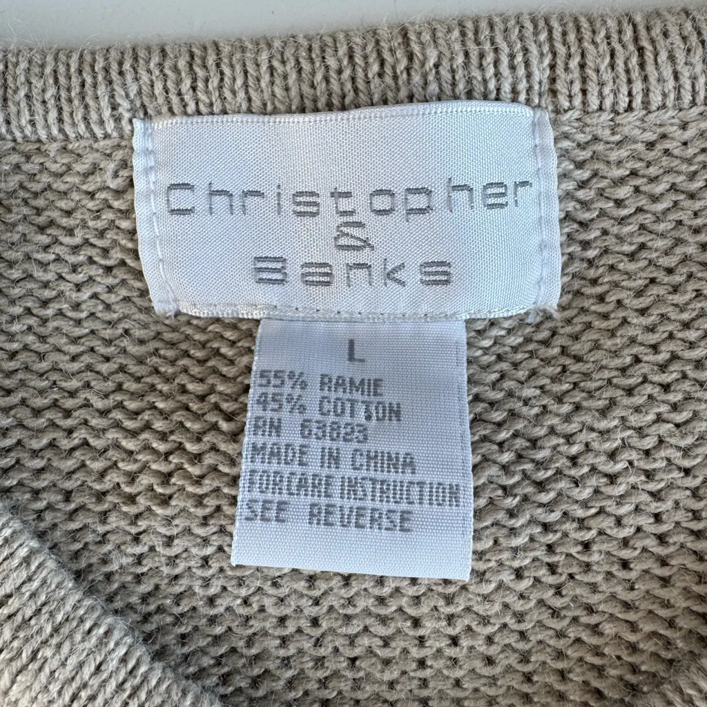 Vintage 90s Christopher & Banks Tan Taupe Cableknit Crewneck Cardigan Sweater L - Image 5