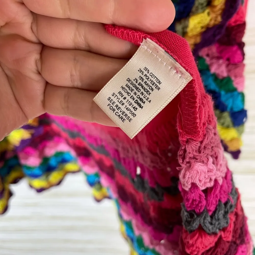 Double Zero Lightweight Pink Rainbow Crochet Cardigan - Image 4