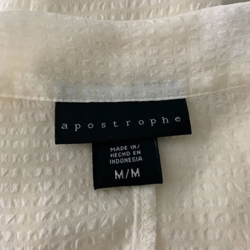 Apostrophe Sheer Button Up Shirt M Cream Neck Tie Sleeveless Pleated Shoulders - Image 6