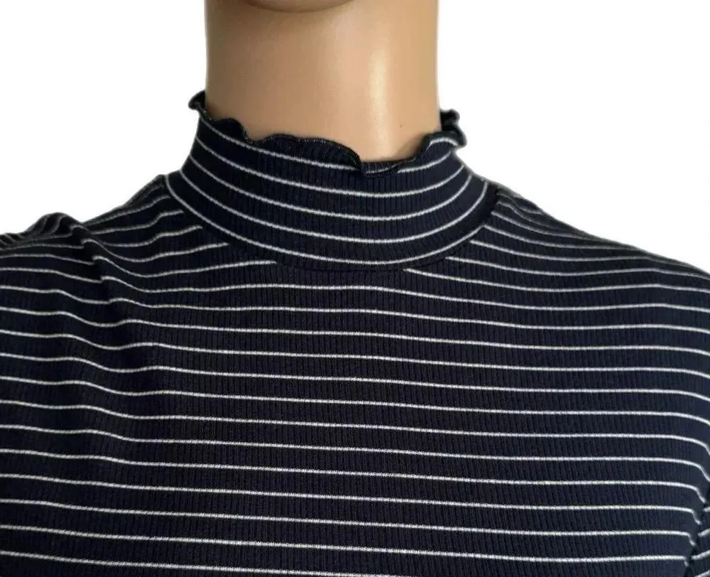 NWT Flag & Anthem Womens XL Boho Ruffle Navy Striped Top Mock Neck Long Sleeve - Image 7