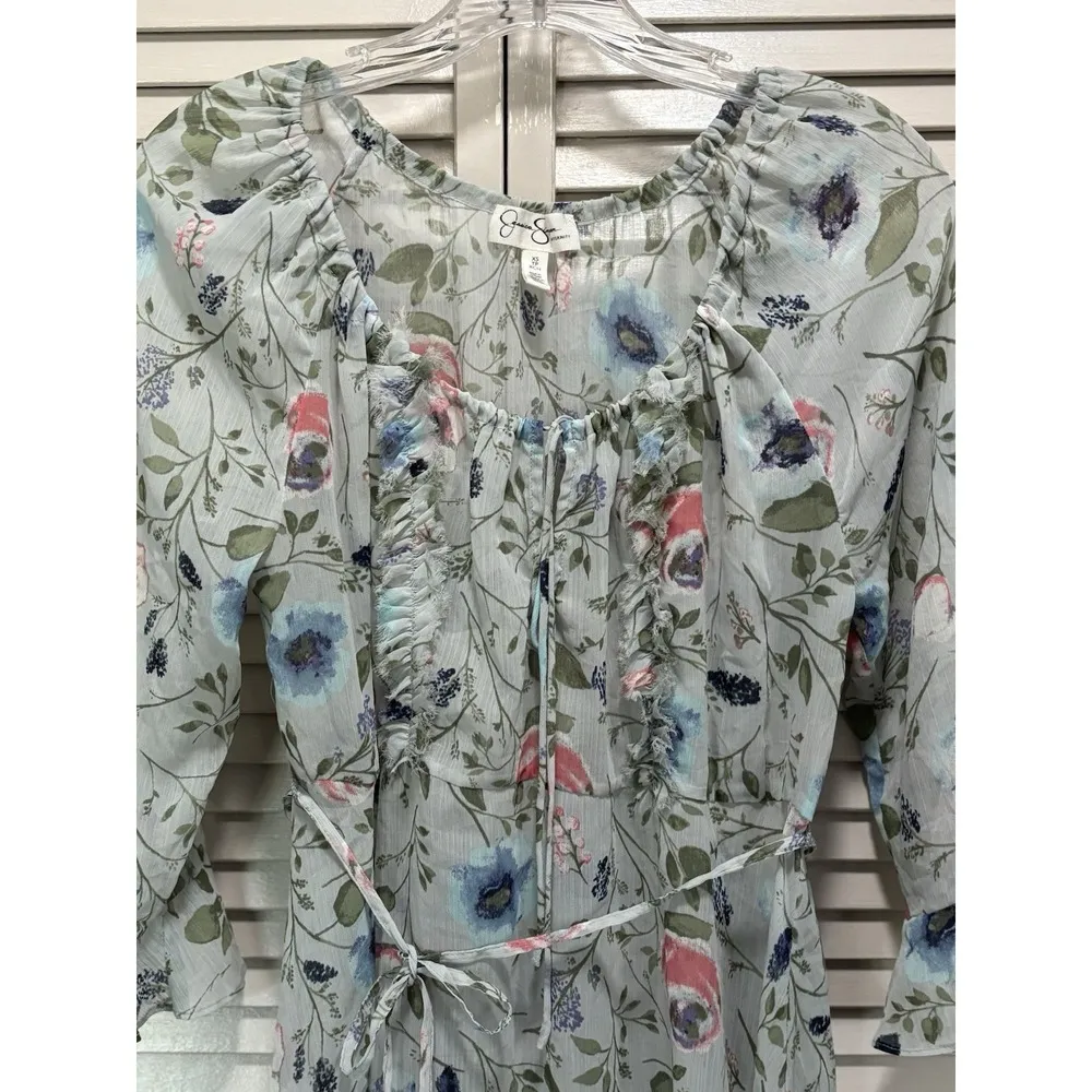 Jessica Simpson Maternity Floral Sheer 3/4 Sleeve Ruffle/Tie Neck Blouse Size XS - Image 2