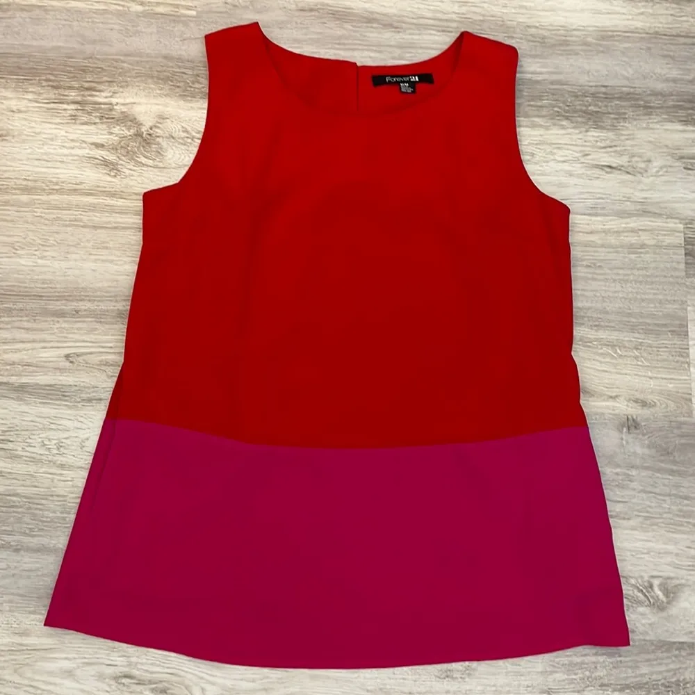 Red Top, Hot Pink Bottom Silky Sleeveless Tank Top w/ Top Back Button - Image 6