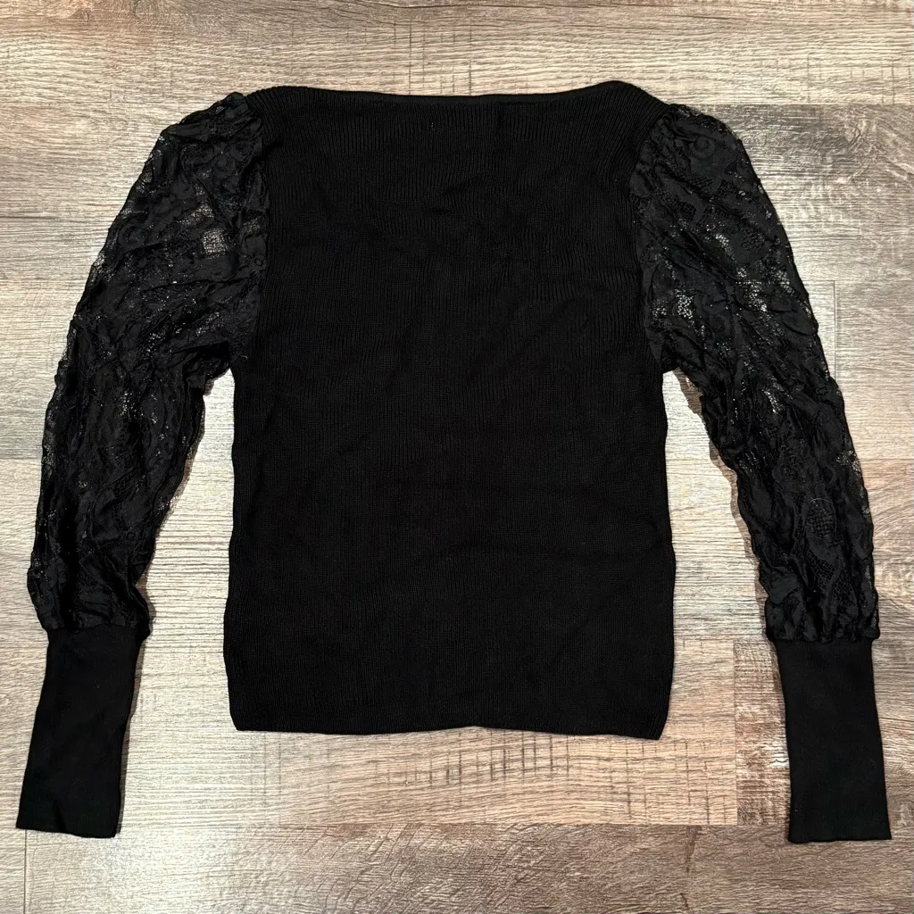 Anthropologie Classic Ribbed Black Sweater Top With Lace Sleeves Size Small - Image 5
