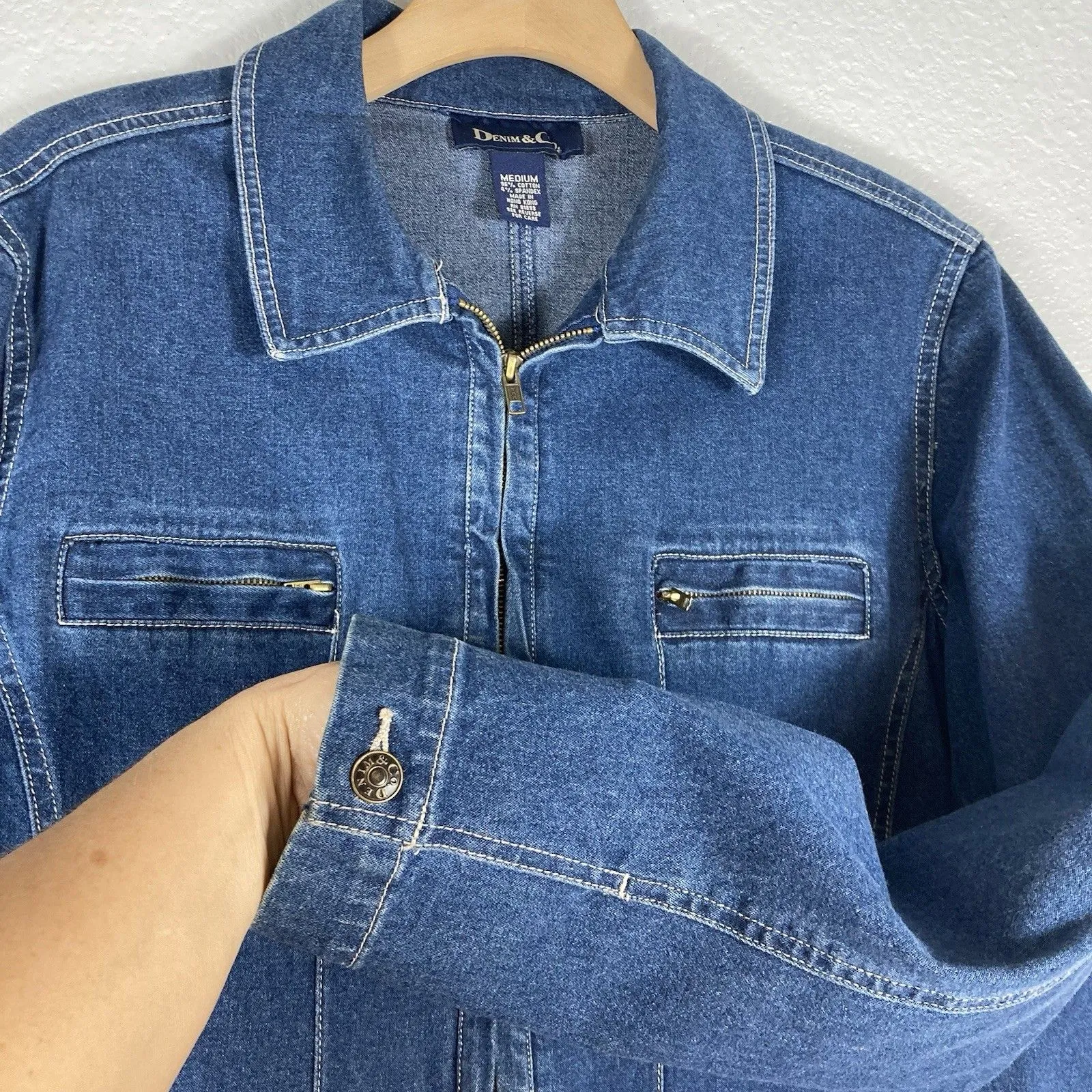 Denim & Co. Blue Jean Denim Jacket Womans M Zip Front Pockets Cabin Gorp Country - Image 4