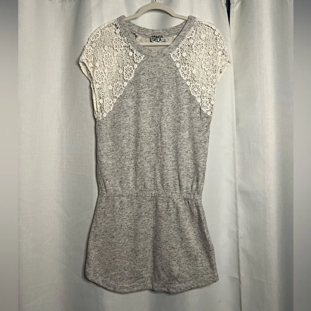 Pam & Gela Gray Lace Crochet Sleeve Dress Small - Image 5