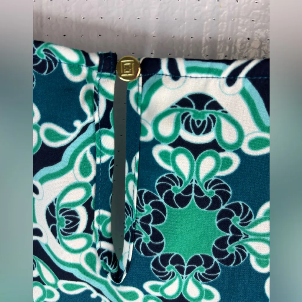 Liz Claiborne L Workwear Side Swag Sleeveless Teal and Navy Patterned Top - Image 5