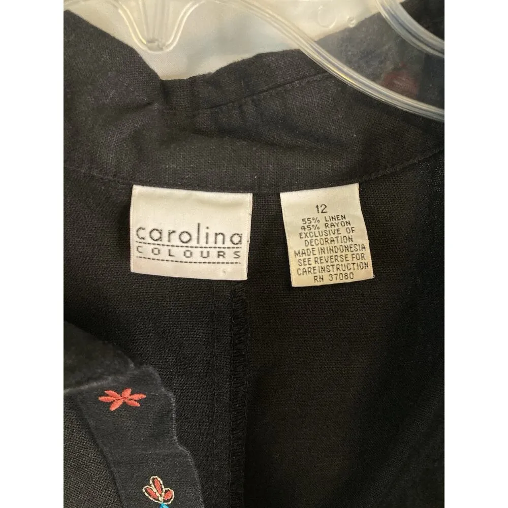 Vintage Carolina Colours Linen Tunic Black Embroidered Dress Size 12 Boho - Image 8