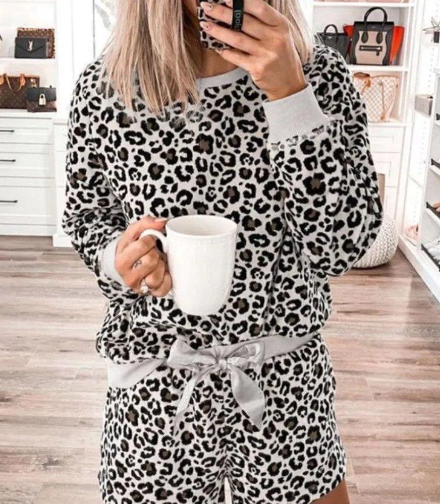 Gray Leopard Long Sleeve Shorts Lounge Set Black Size L - Image 3