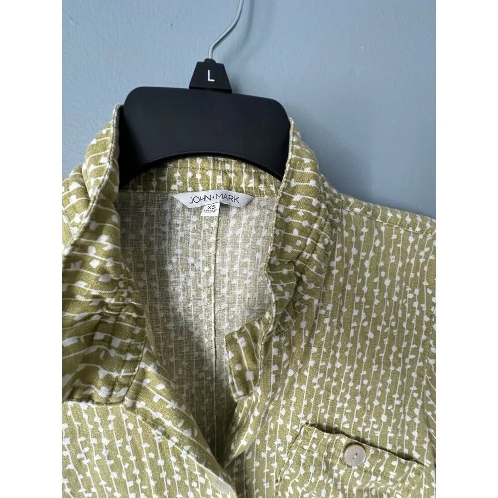 John Mark Full Button Linen Tunic Top Size XS Green Wire Collar Lagenlook Artsy - Image 6