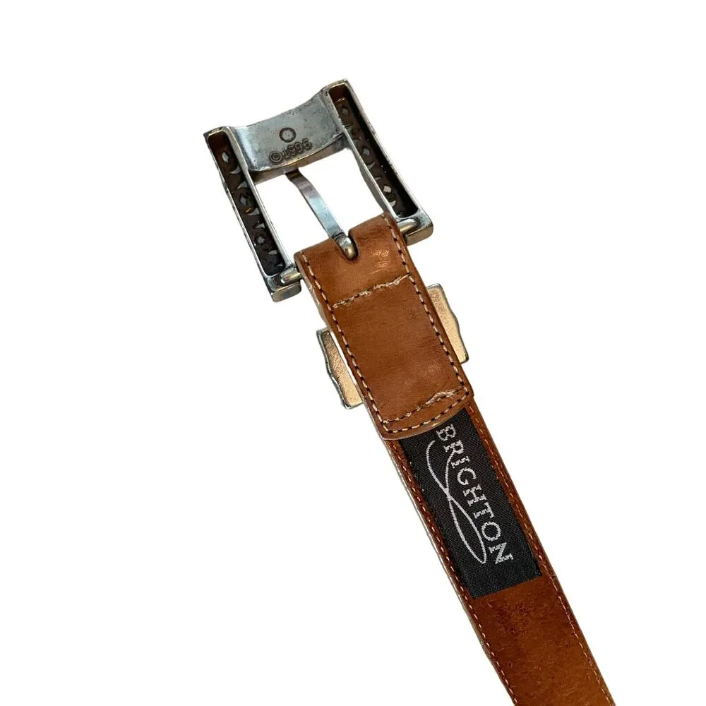 Brighton 90s Vintage Tan Leather Decorative Silver Buckle Belt S - Image 8