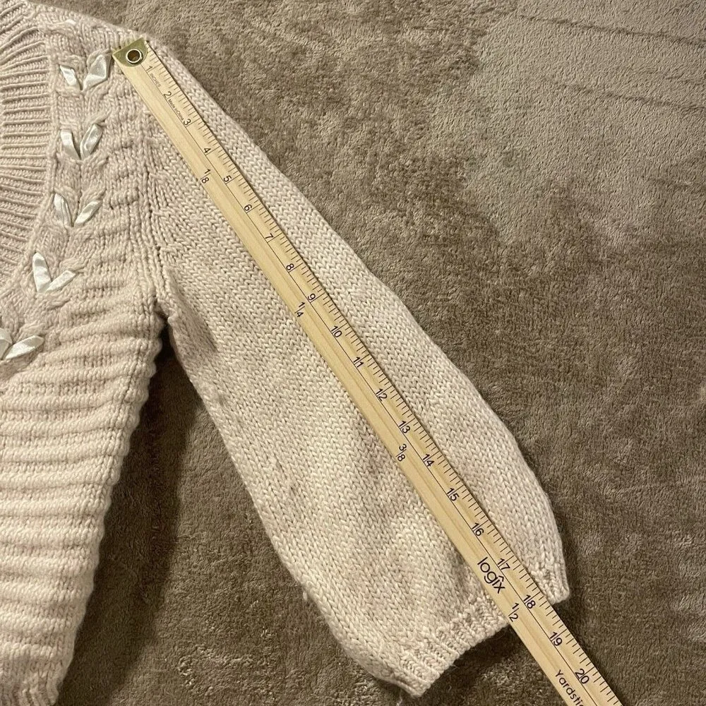 H&M Cardigan Womens Sz XS Ribbon Tie Front Knit Wool Blend Sweater Beige Cream - Image 7