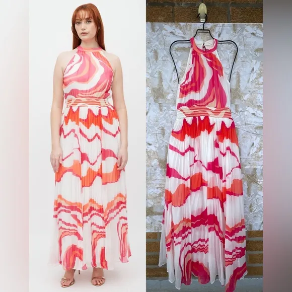 Rococo Sand White & Multicolour Abstract Pleated dress size small Red - Image 2