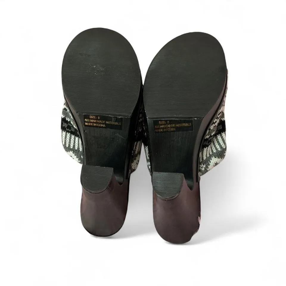 Qupid Fair Isle Knit Clog Heels Studded‎ Wood Platform Black Heel Mules - Image 2