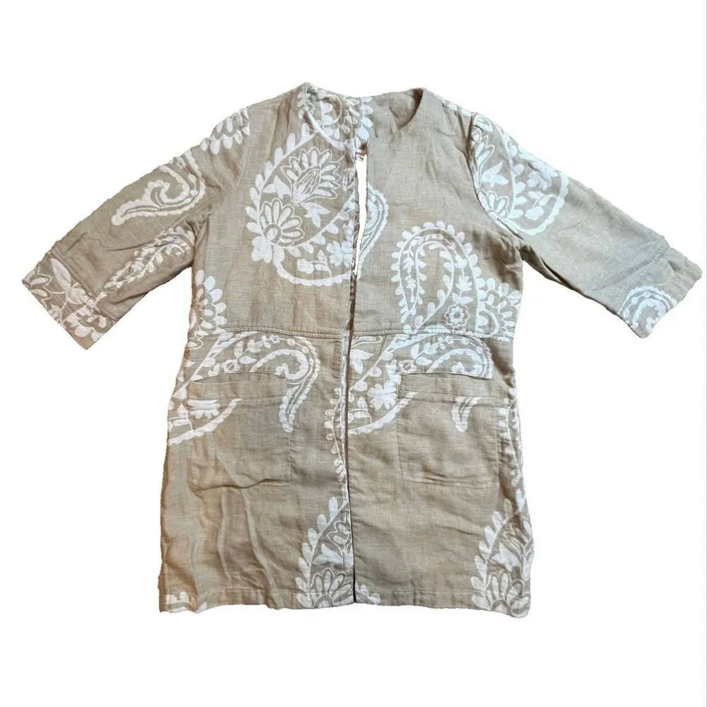 Chicos Linen Cotton Tan White 2 (12) Bi-Color Jacquard Jacket Lagenlook Neutral - Image 3