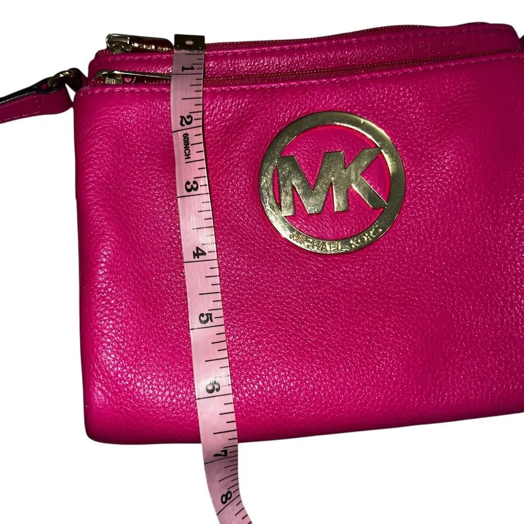 Michael Kors Jet Set Pink Leather Crossbody Bag Gold Logo Small Wallet Purse - Image 13