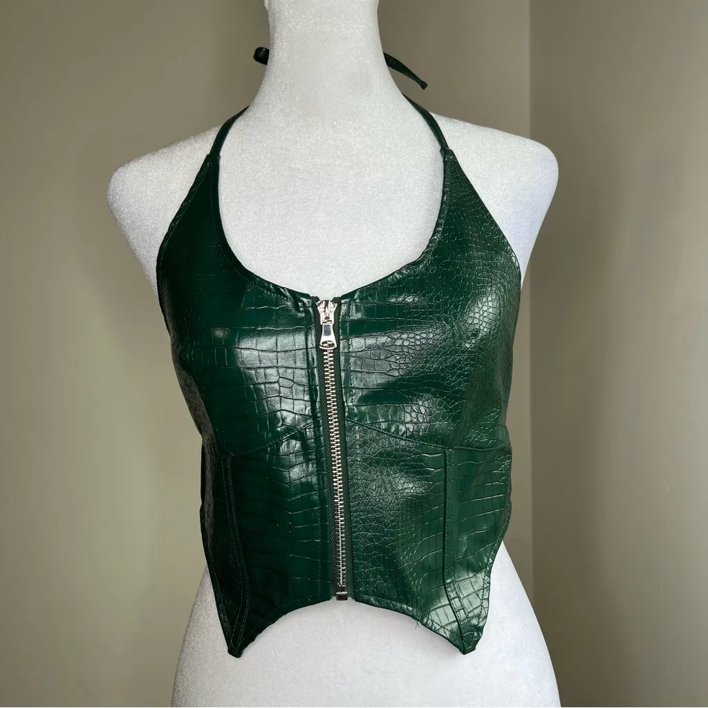 Tiger Mist Dark Green Faux Leather halter top size S NWT - Image 3