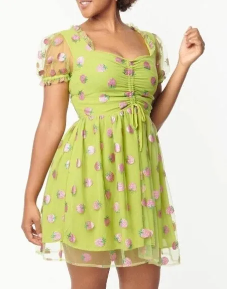 Smak Parlour Avocado & Pink Strawberry Print Woodstock Flare Dress Pinup Size M - Image 1