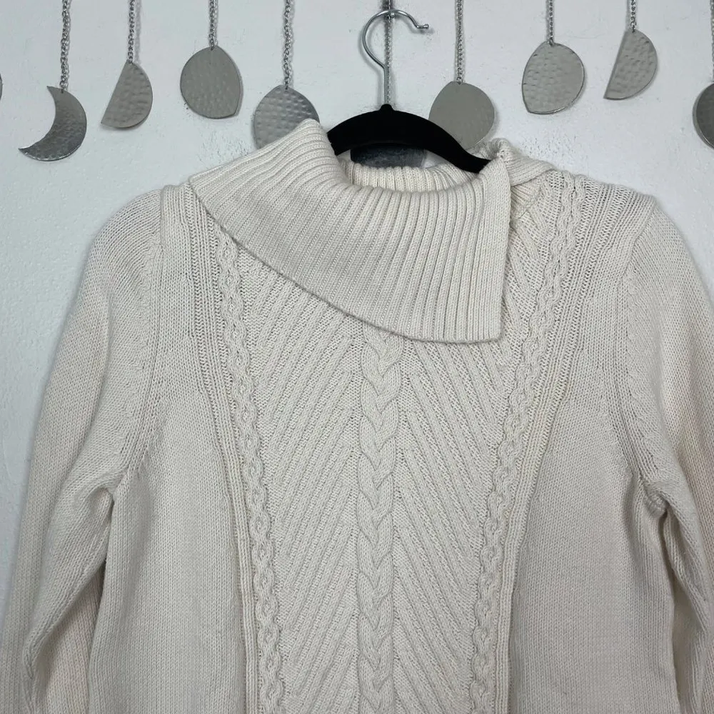 Talbots  Woman's Sz M Cream Cable Knit Fold Over Neck Thick Winter Sweater‎ - Image 2