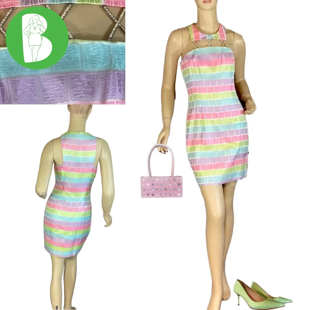 VINTAGE 1990'S CACHE MULTI-COLOR PASTEL W/RHINESTONE CUT OUTS SHEATH DRESS (2) - Image 2