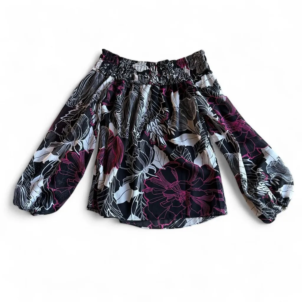 White House Black Market Floral Off-Shoulder Blouse - Black and Purple - Image 4