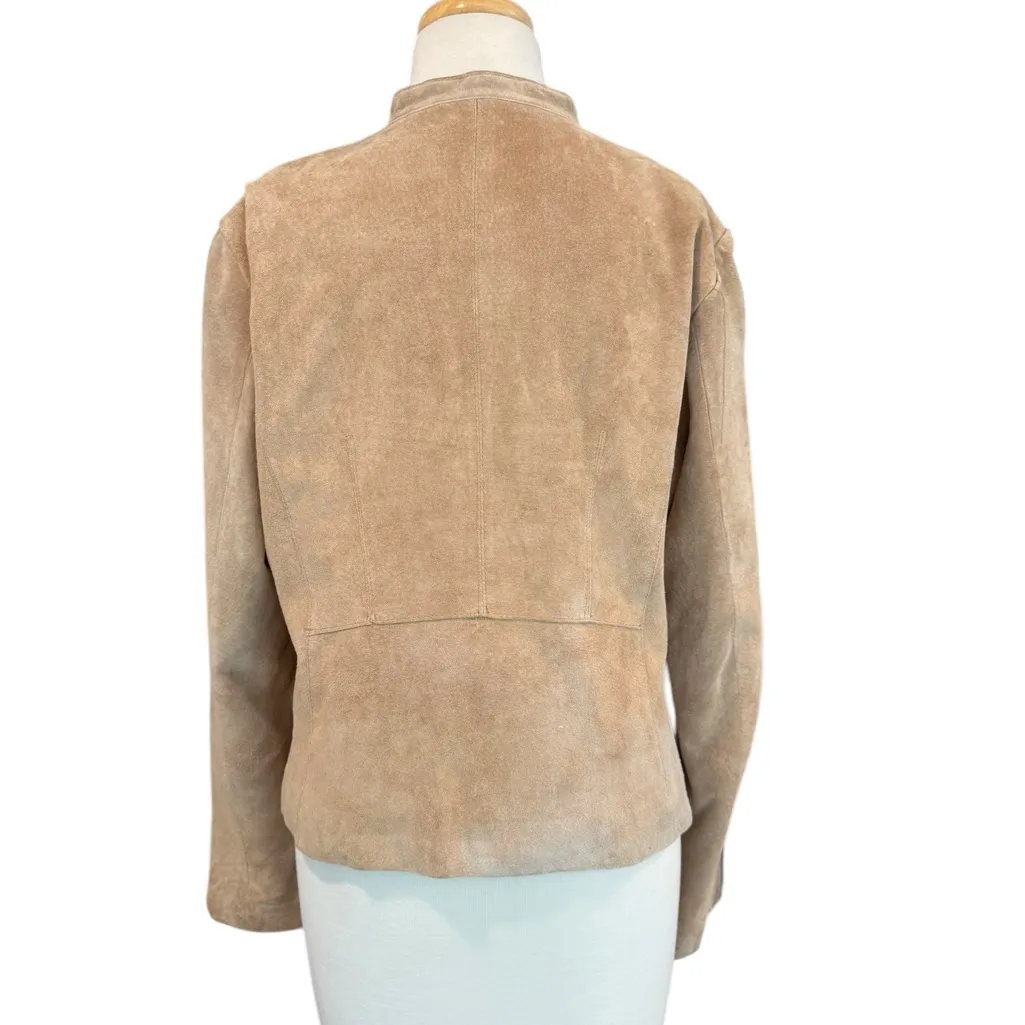 ECRU Suede Tan Collarless Moto Zip Up Jacket Zippered Pockets & Sleeves Size XL - Image 5