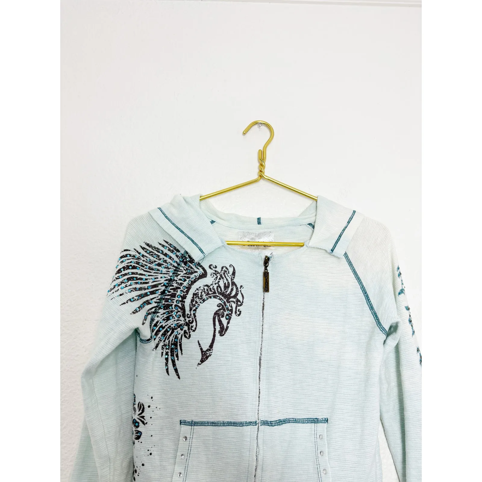 Vintage Y2K Adiktd Blue Rhinestone Euro Zip Up Hoodie Size Small Emo Grunge 90s - Image 4