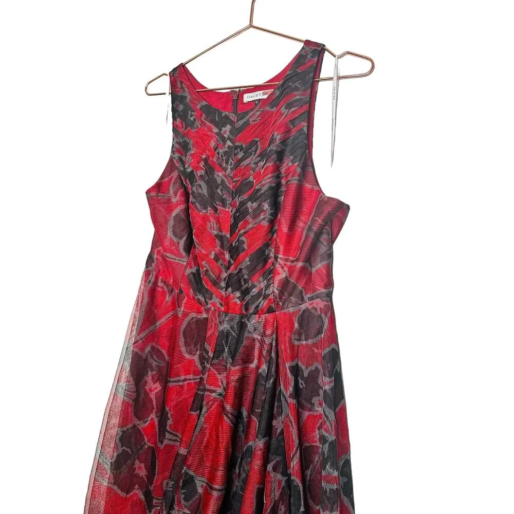 HALSTON Red Black Floral Printed Tulle Hourglass Sleeveless Midi Dress Size 12 - Image 6