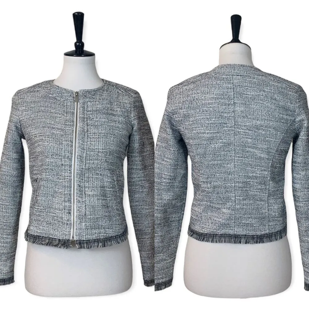 Banana Republic Women's White Black Tweed Fringe Short Zip Front Blazer Size 0 - Image 12