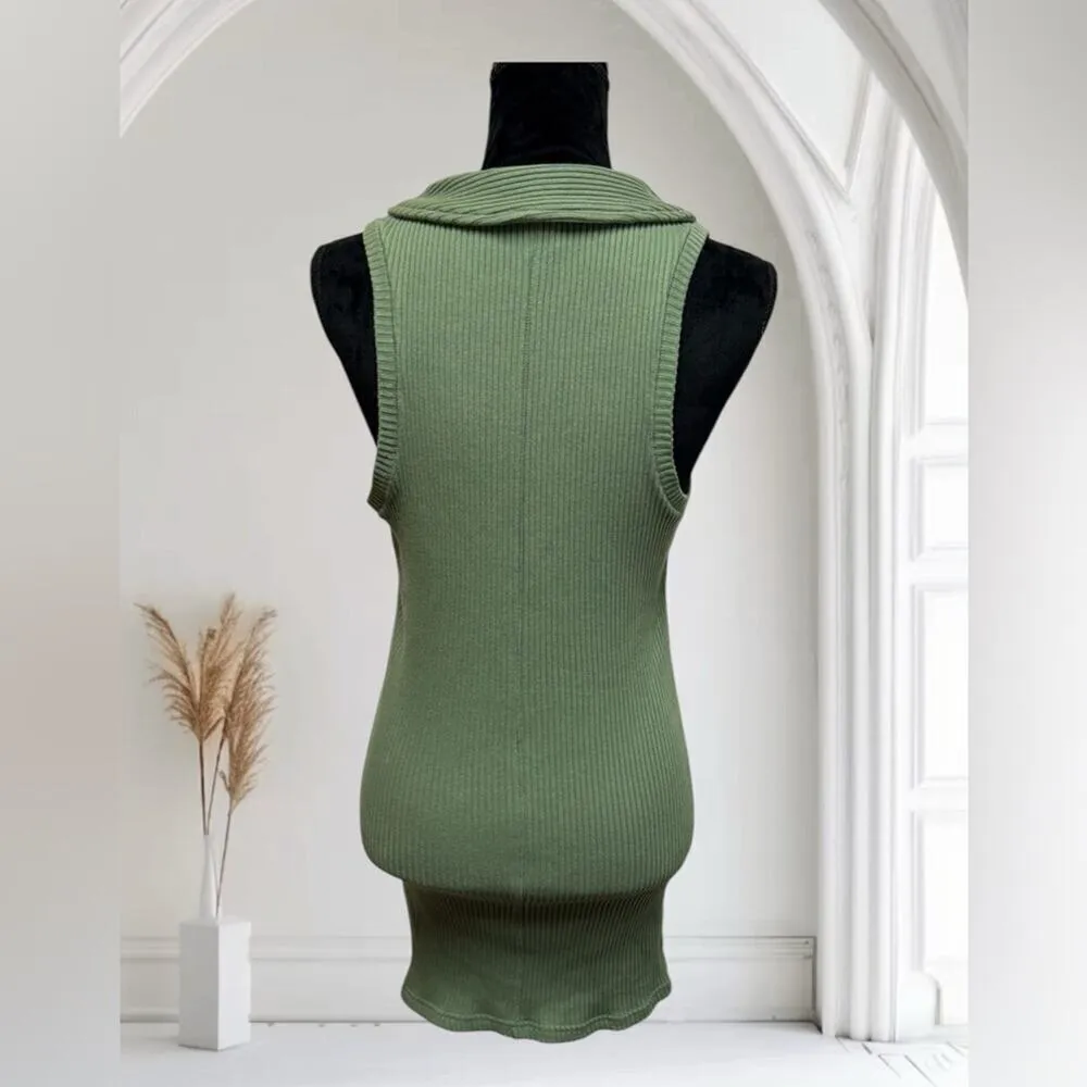 BDG Women’s Green Ribbed Bodycon Sleevless Scoop Neck Dress With Collar LG - Image 7