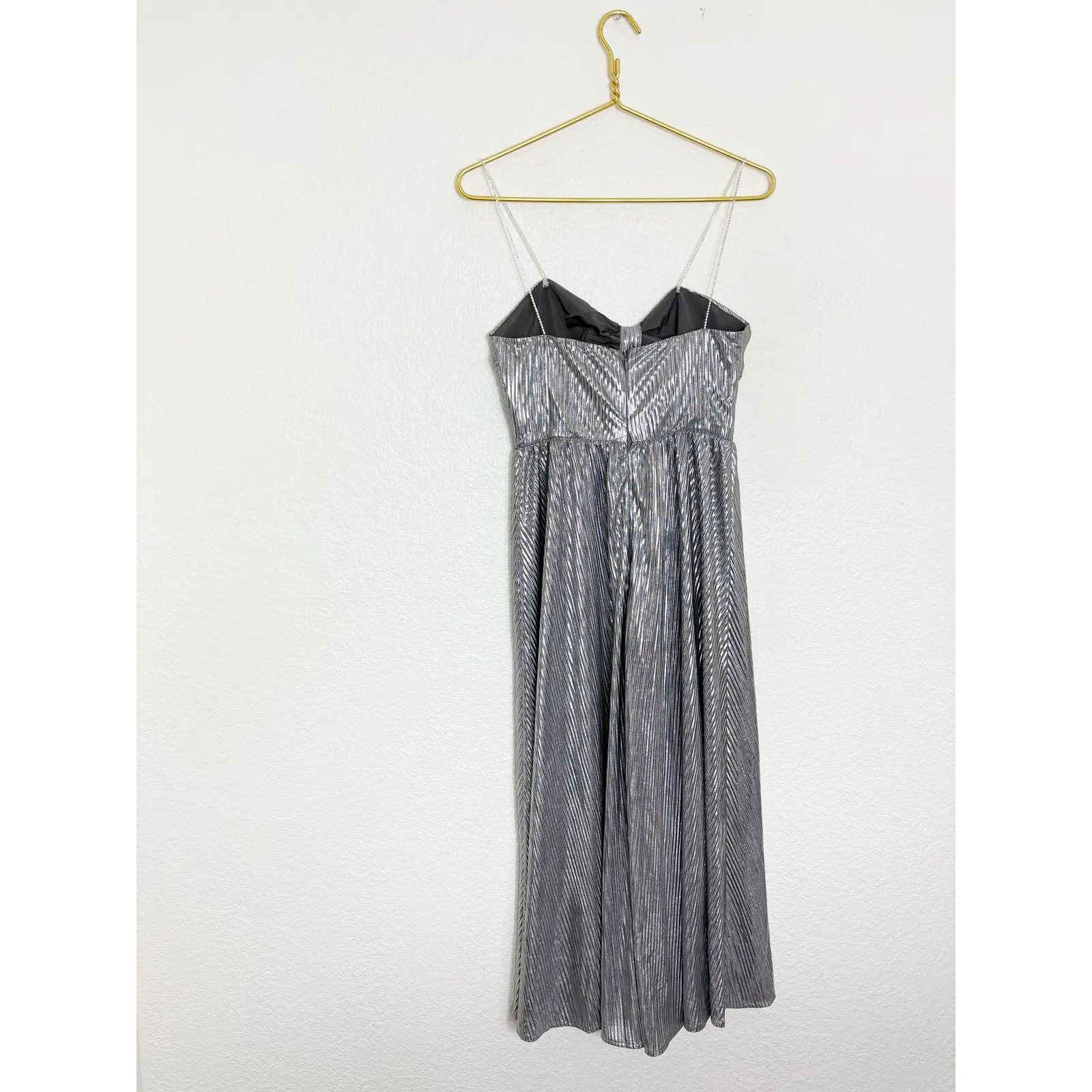 Lovers + Friends Tanya Midi Dress Silver Small Metallic Pleated Rhinestone Strap - Image 14