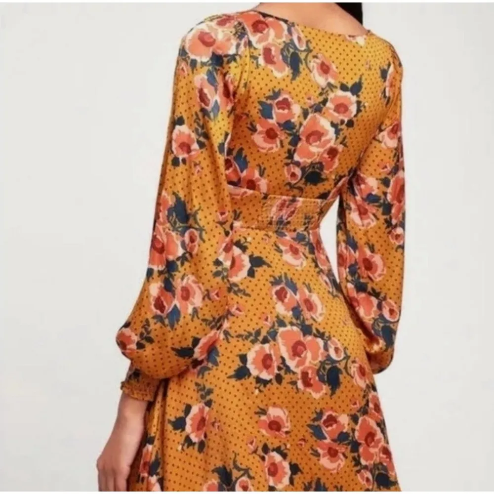 FREE PEOPLE Morning Light Marigold Floral Mini Dress Cut Out Long Sleeve Size 6‎ - Image 3