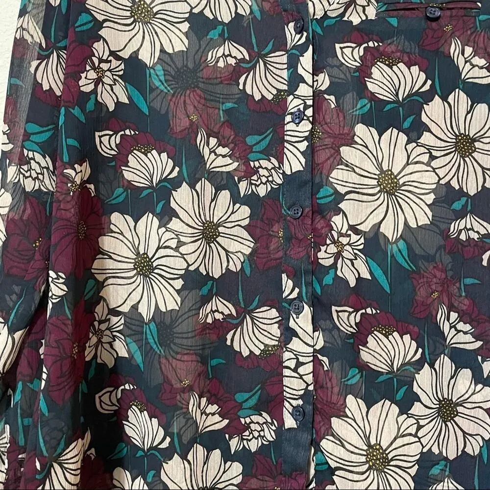 Kut From The Kloth Burgundy Green & Cream Floral Sheer Blouse Womens MP Fall - Image 2