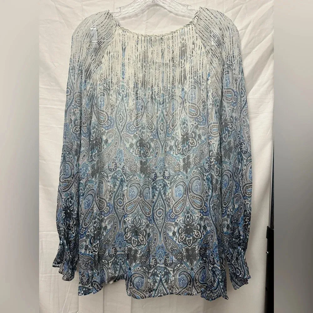 Sundance Catalog Sheer Silk Top Blue White Paisley Print Fully Lined Sz M - Image 5