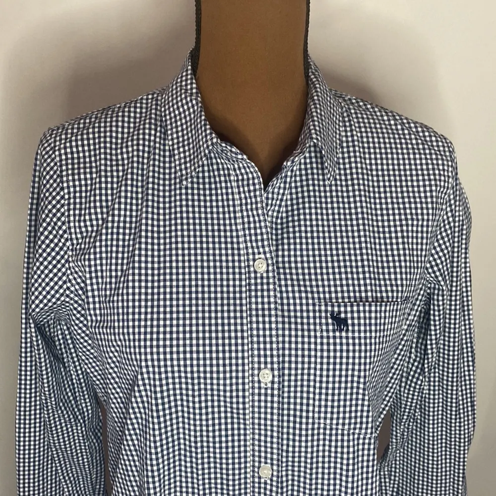 Abercrombie & Fitch micro plaid Oxford moose logo embroidery shirt navy white M - Image 5