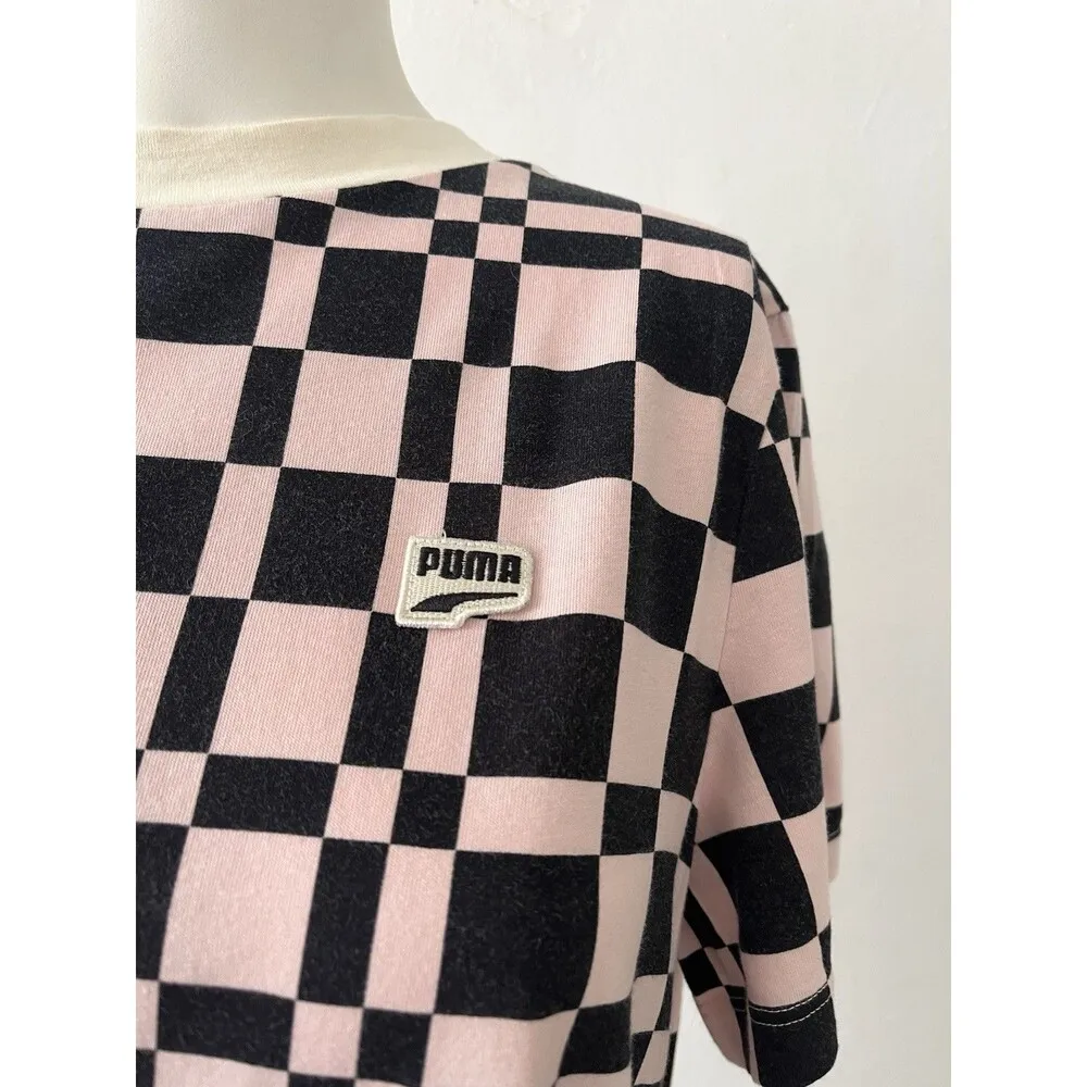 PUMA DOWNTOWN XL Pink Black Skate Punk CHECK Crew Neck Cotton Tshirt - Image 8