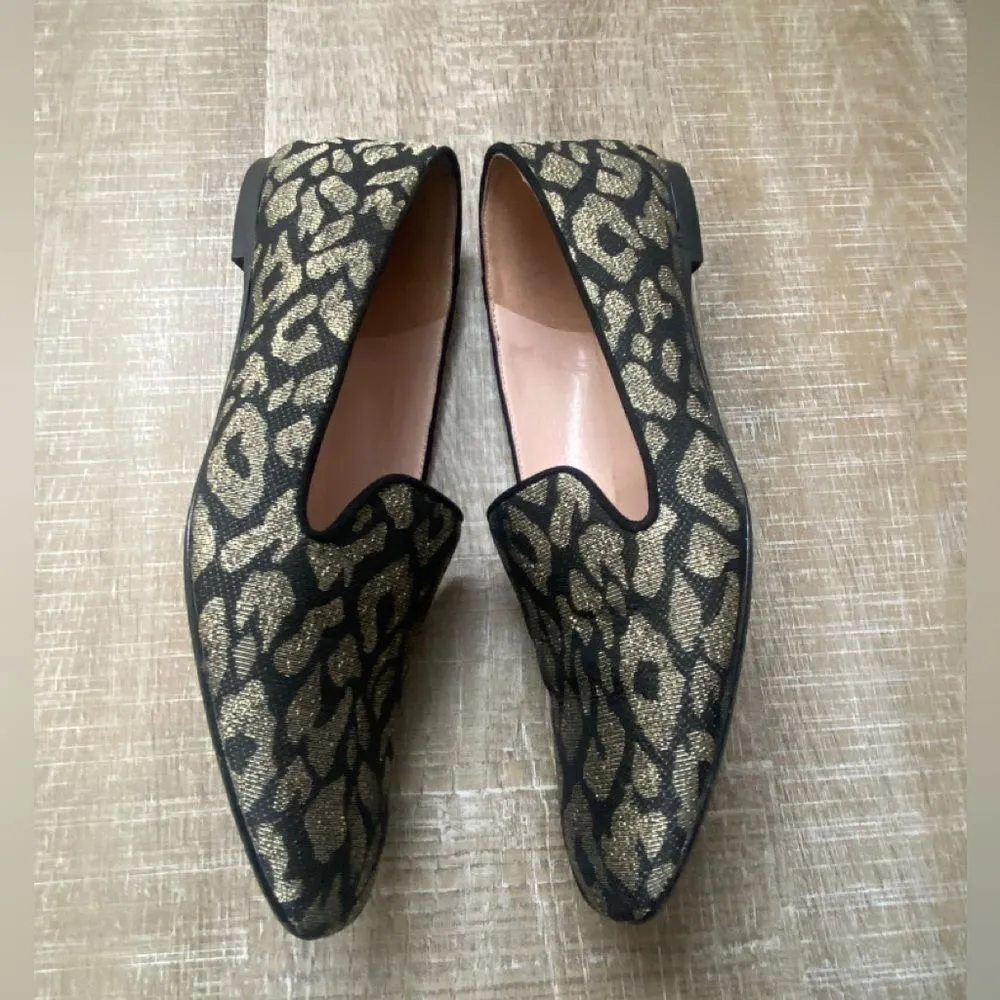 J. Crew Loafer Smoking Flats Black Gold Metallic Leopard Print Women 8.5 Holiday - Image 7