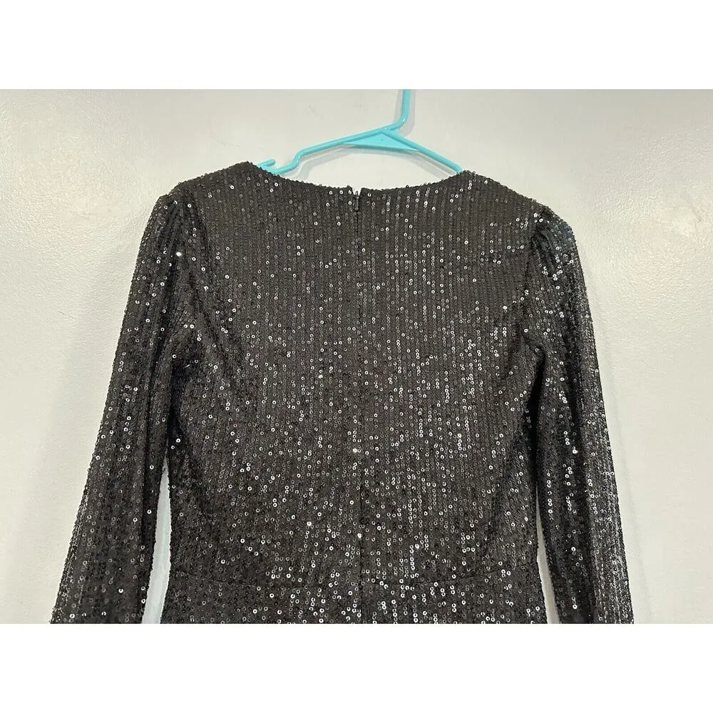 Mac Duggal 111581 Feather Cuff Sequin Black V Neck Jumpsuit XS NWOT - Image 6