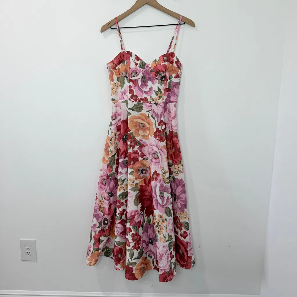Showpo Robertson Midi Dress Strappy Sweetheart Bustier Flare Spring Floral US 6 Pink - Image 2