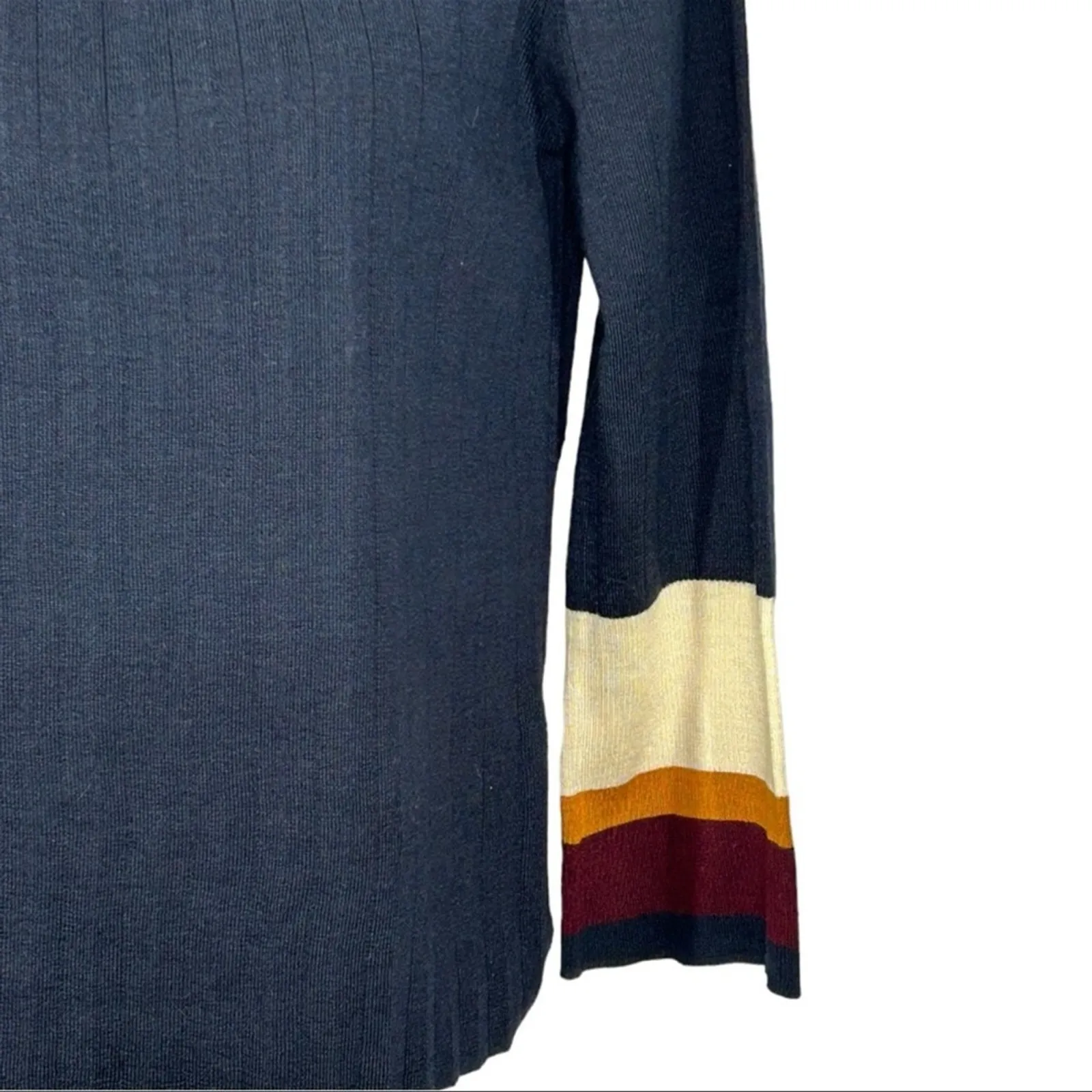 CLICHÉ Navy Wool Blend Sweater Small | Trendy Pleated Bell Sleeve Pullover Blue - Image 5