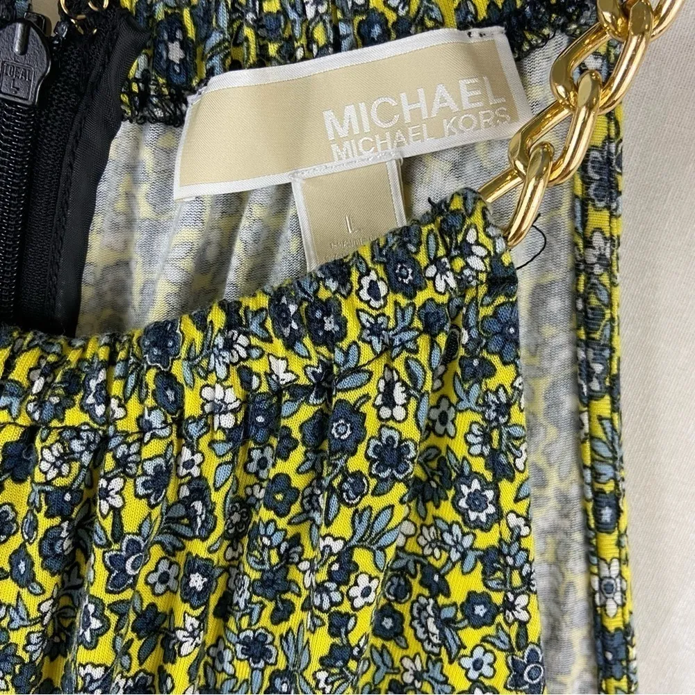 Michael Kors Yellow and Blue Floral Halter Swing Dress with Gold Chain Straps Size L - Image 4