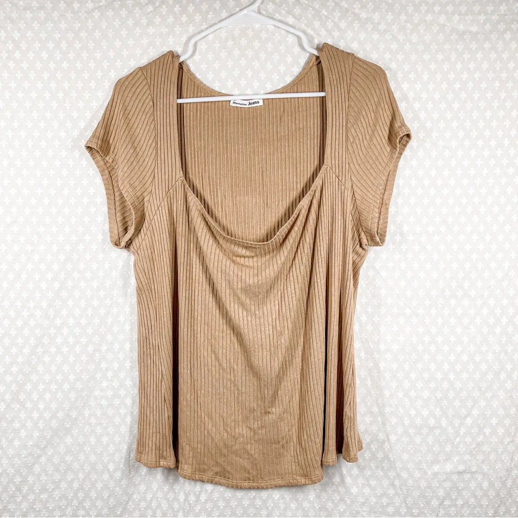 Reformation Tan Ribbed Square Neck‎ Short Sleeve Top - Image 2