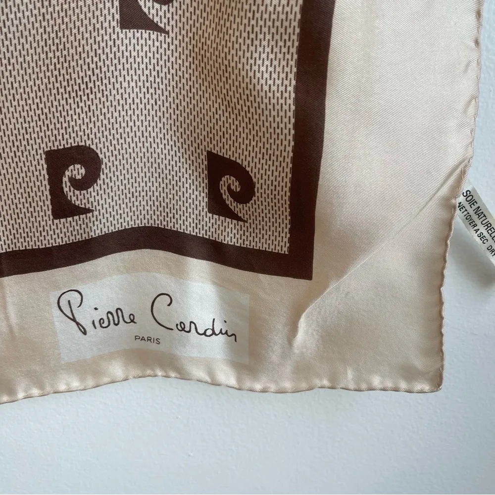 Vintage 70s Pierre Cardin Paris Signature Logo Silk Scarf Brown Ivory 25 x 26 - Image 8