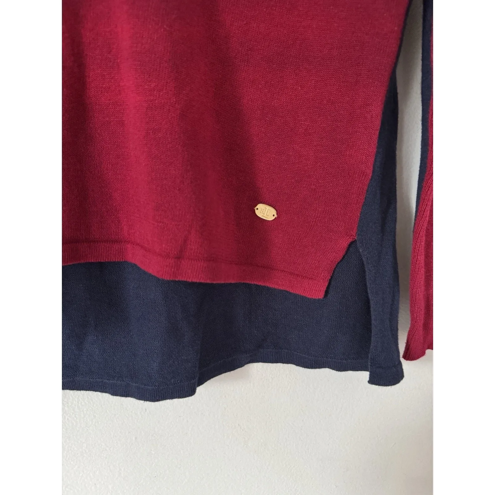 Lauren Ralph Lauren Linen Blend Colorblock Long Sleeve V Neck Shirt Womens Small - Image 3